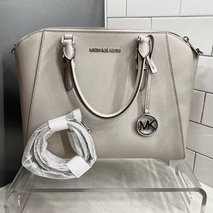 Michael Kors Large Ciara Saffiano Leather Tote Purse Satchel - Pearl Gray